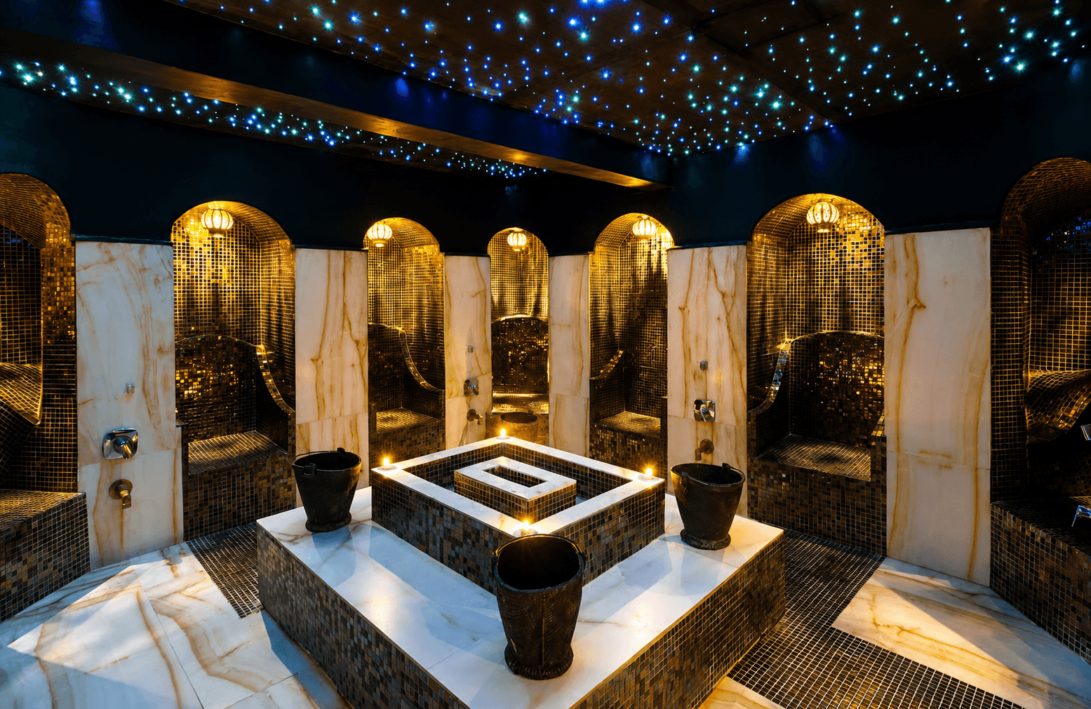 Luxury golden Moroccan hammam room in Marrakech