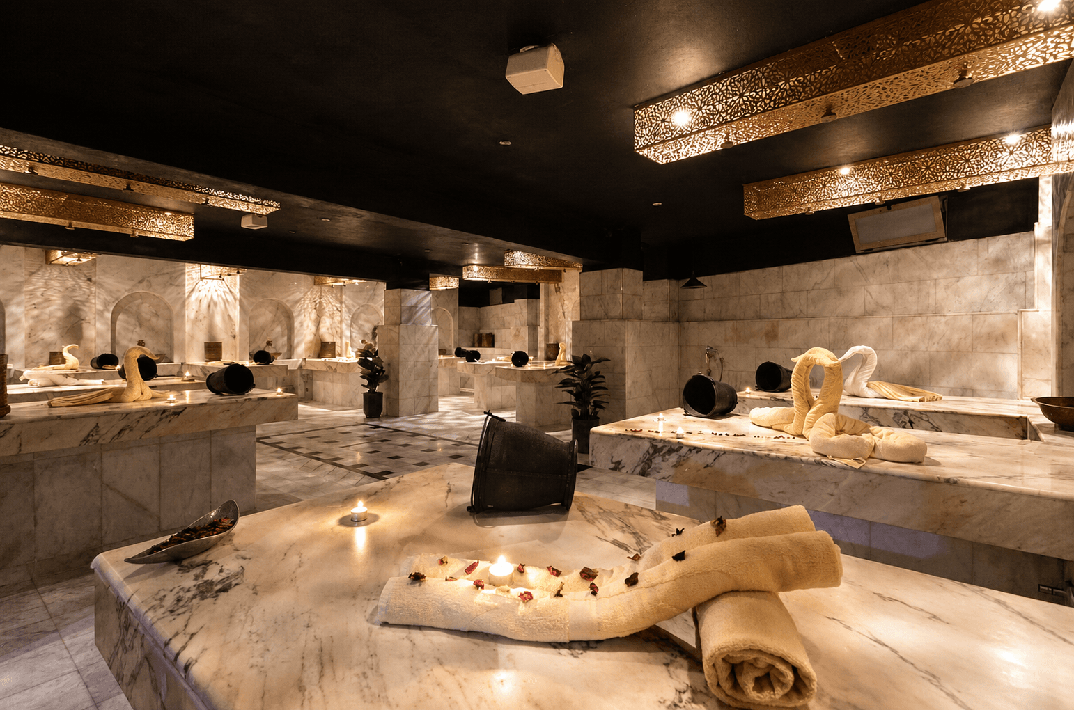 Real Marrakech Ladies Hammam interior with marble and golden lighting